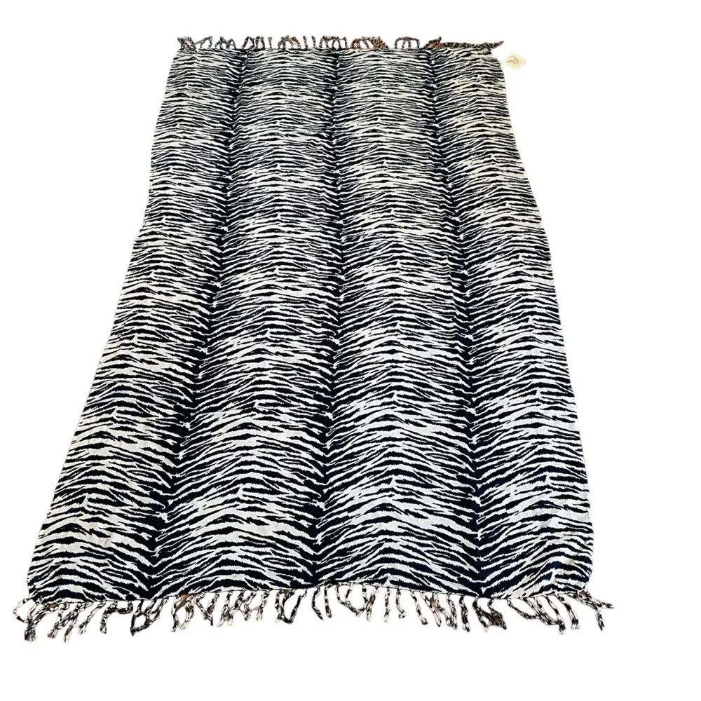 World Market Animal Print Scarf Wrap 100% Rayon Black Ivory Boho Lightweight